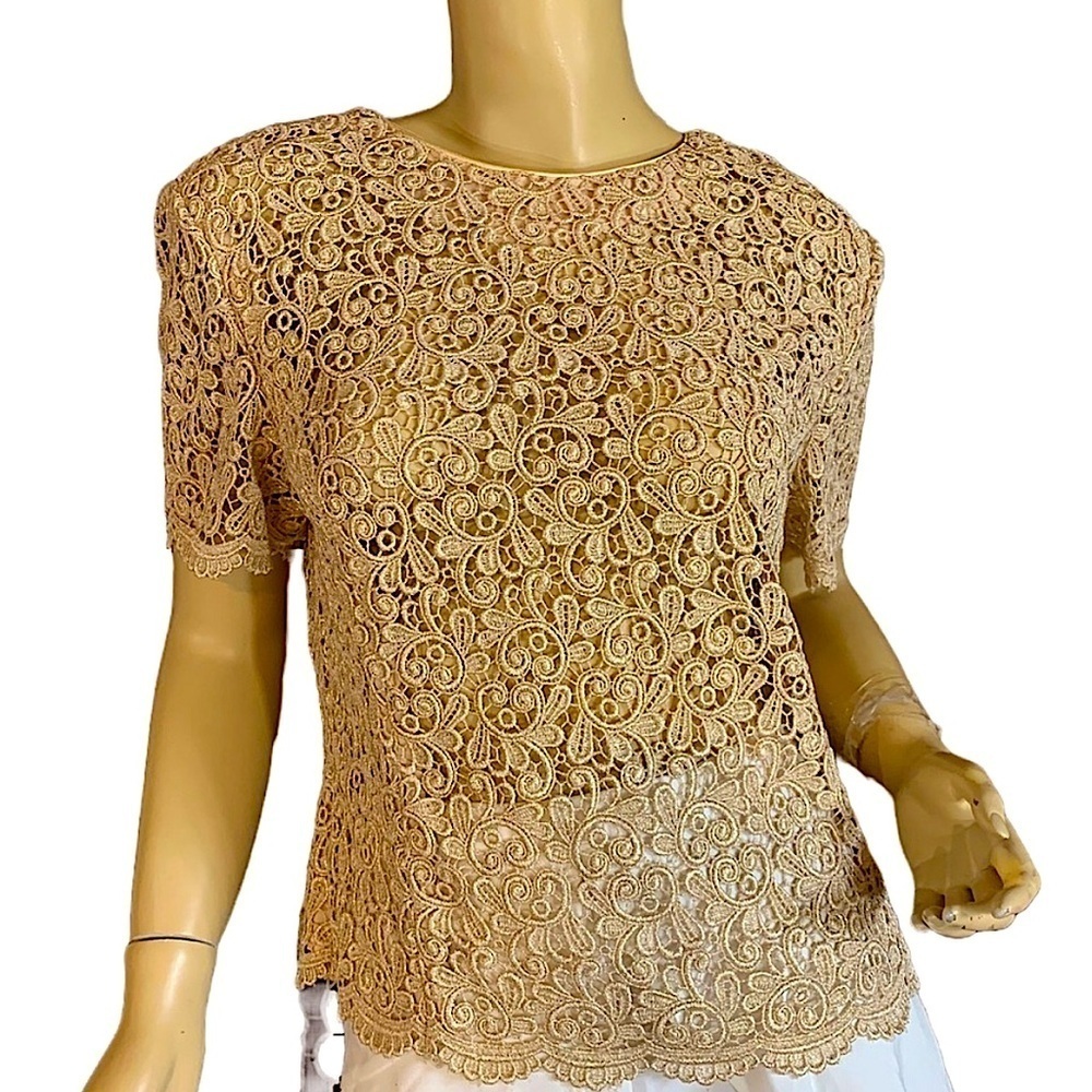 Chic Vintage Gold Talbot’s Size 12 Petite, Lace Crochet Back Button-down Top